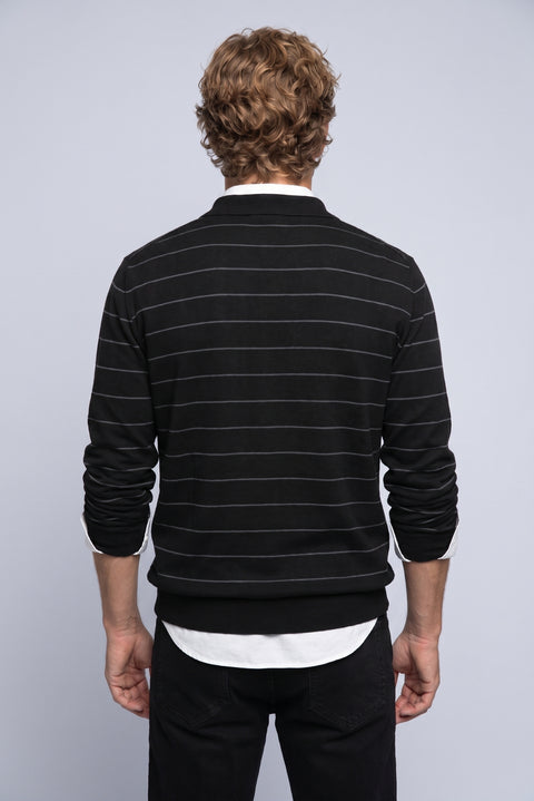 Black Regular Fit Polo Neck Cotton/Acrylic Striped Knit Sweater