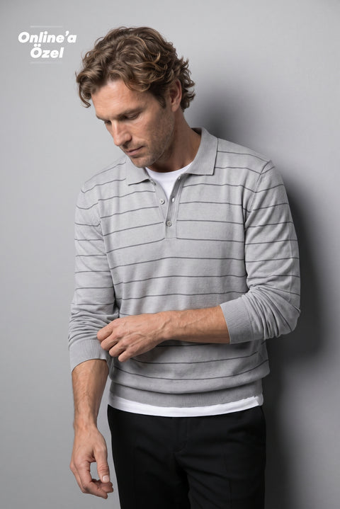Medium Grey Regular Fit Polo Neck Cotton/Acrylic Striped Knit Sweater