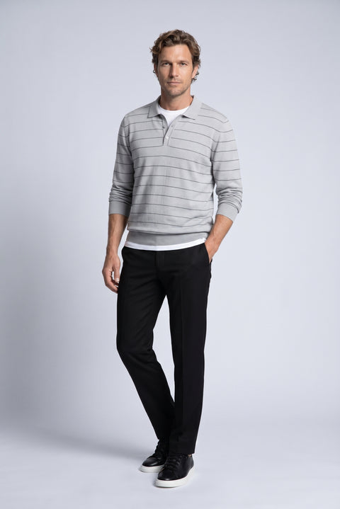 Medium Grey Regular Fit Polo Neck Cotton/Acrylic Striped Knit Sweater