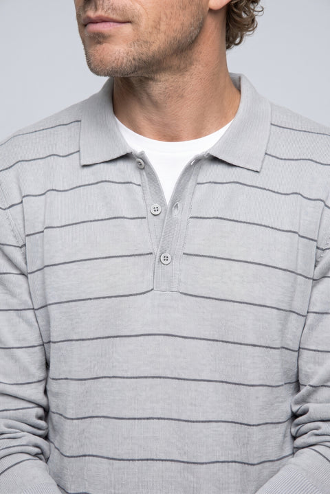 Medium Grey Regular Fit Polo Neck Cotton/Acrylic Striped Knit Sweater