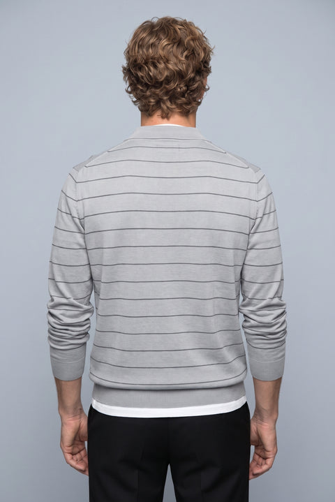 Medium Grey Regular Fit Polo Neck Cotton/Acrylic Striped Knit Sweater