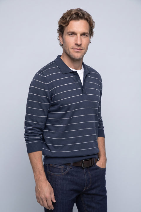 Dark Navy Regular Fit Polo Neck Cotton/Acrylic Striped Knit Sweater