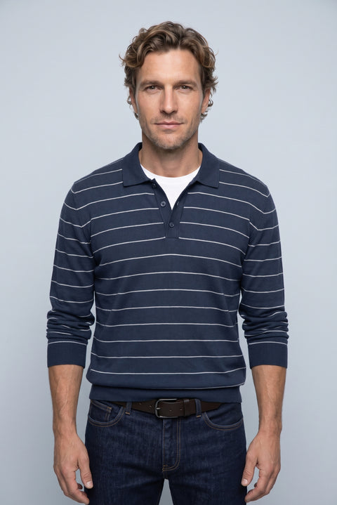 Dark Navy Regular Fit Polo Neck Cotton/Acrylic Striped Knit Sweater