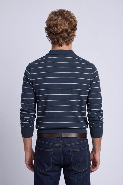 Dark Navy Regular Fit Polo Neck Cotton/Acrylic Striped Knit Sweater