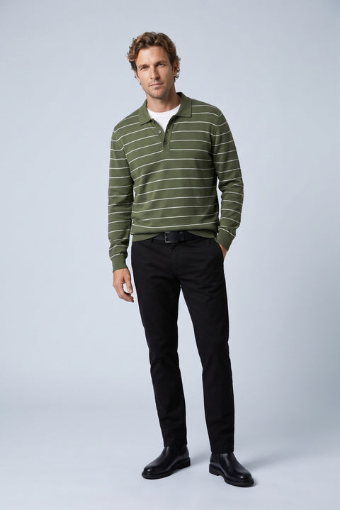 Medium Khaki Regular Fit Polo Neck Cotton/Acrylic Striped Knit Sweater