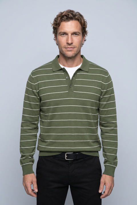 Medium Khaki Regular Fit Polo Neck Cotton/Acrylic Striped Knit Sweater