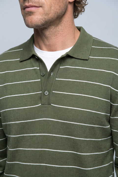 Medium Khaki Regular Fit Polo Neck Cotton/Acrylic Striped Knit Sweater