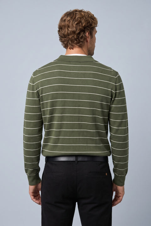 Medium Khaki Regular Fit Polo Neck Cotton/Acrylic Striped Knit Sweater