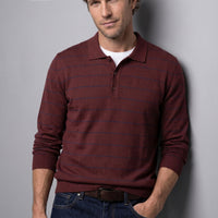 Dark Burgundy Regular Fit Polo Neck Cotton/Acrylic Striped Knit Sweater