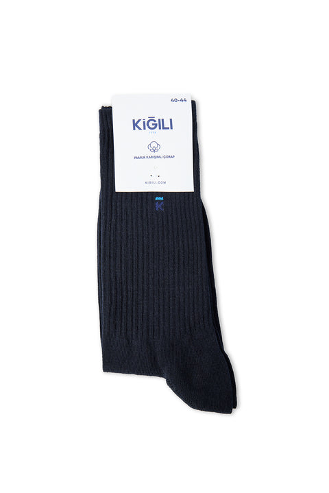 Koyu Lacivert Tekli Pamuk Karışımlı Desenli Çorap