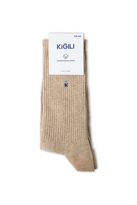 Medium Beige Single Cotton Blend Patterned Ankle Socks