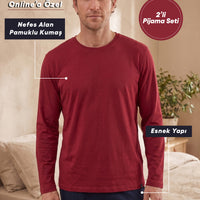 Koyu Lacivert Bisiklet Yaka Uzun Kollu Beli Lastikli Cepli Pamuklu Esnek 2'li Pijama Seti