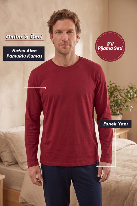 Koyu Lacivert Bisiklet Yaka Uzun Kollu Beli Lastikli Cepli Pamuklu Esnek 2'li Pijama Seti