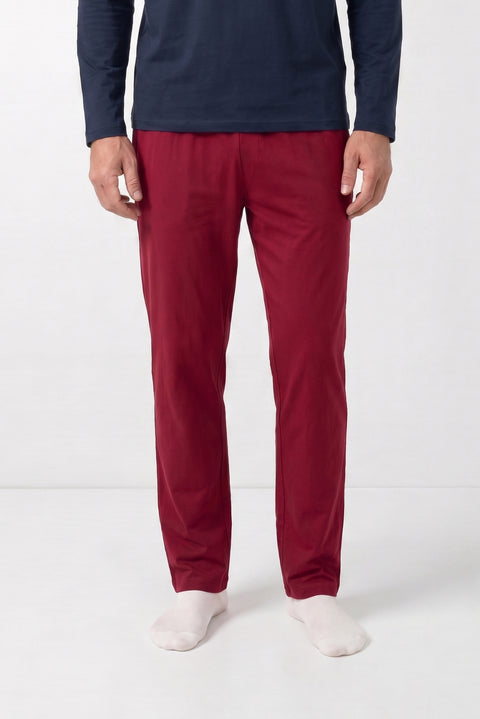 Koyu Bordo Bisiklet Yaka Uzun Kollu Beli Lastikli Cepli Jogger Pamuklu Esnek 2'li Pijama Setii