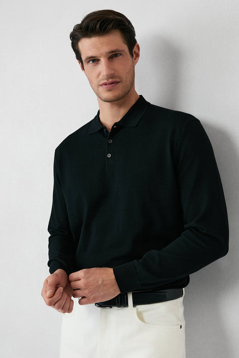 Siyah Regular Fit Düğmeli Polo Yaka Triko Kazak