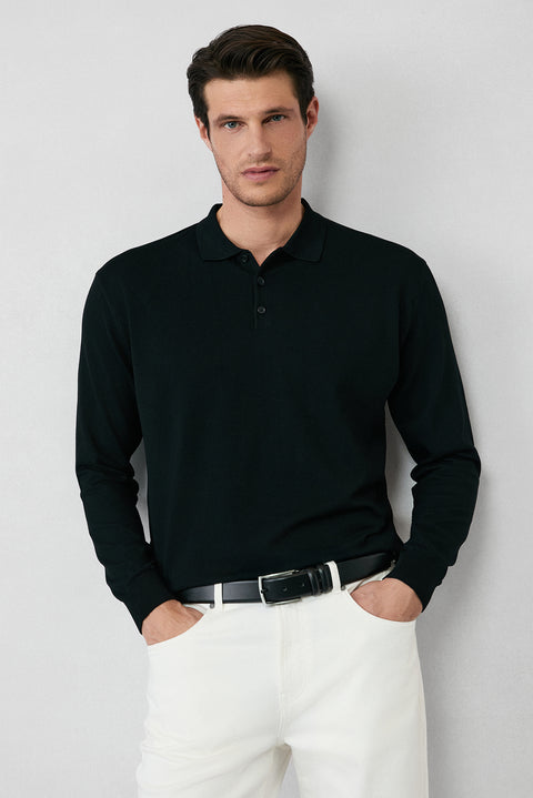 Siyah Regular Fit Düğmeli Polo Yaka Triko Kazak