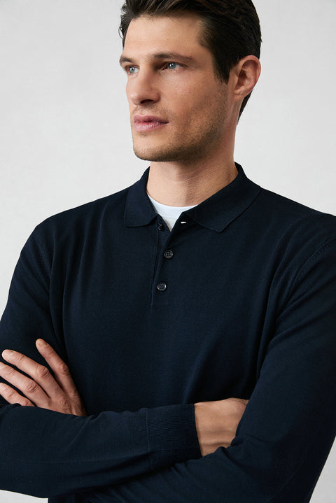 Dark Navy Regular Fit Button-Down Polo Collar Knit Sweater