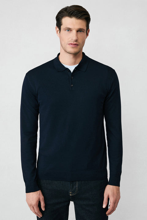 Dark Navy Regular Fit Button-Down Polo Collar Knit Sweater
