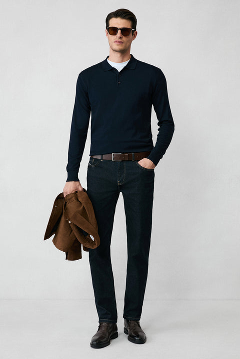 Dark Navy Regular Fit Button-Down Polo Collar Knit Sweater