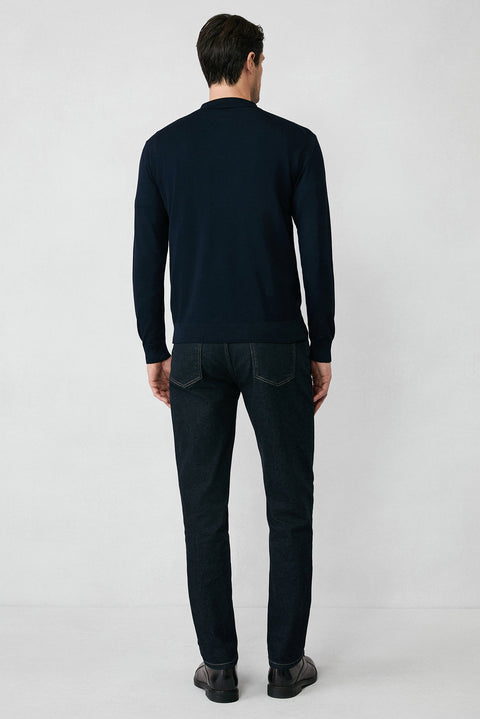 Dark Navy Regular Fit Button-Down Polo Collar Knit Sweater