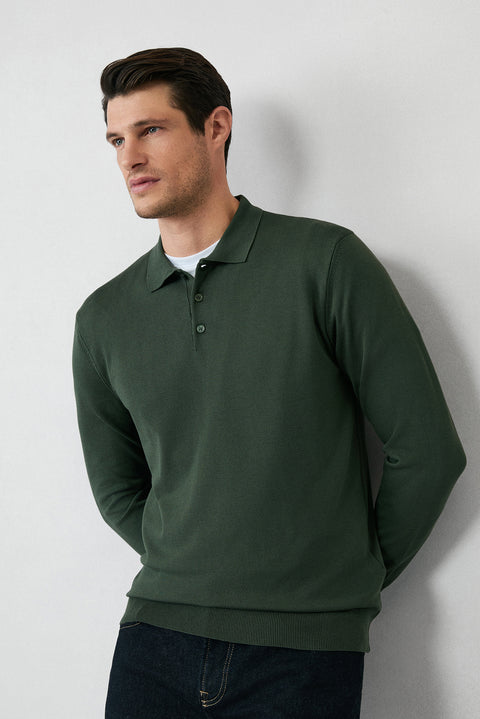 Orta Haki Regular Fit Düğmeli Polo Yaka Triko Kazak