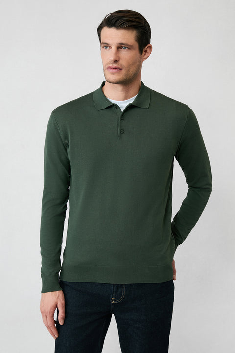 Orta Haki Regular Fit Düğmeli Polo Yaka Triko Kazak