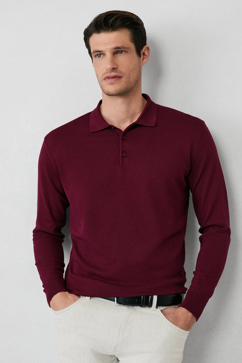 Dark Burgundy Regular Fit Button-Down Polo Collar Knit Sweater