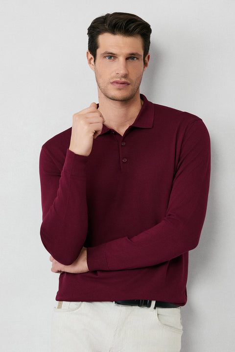 Dark Burgundy Regular Fit Button-Down Polo Collar Knit Sweater