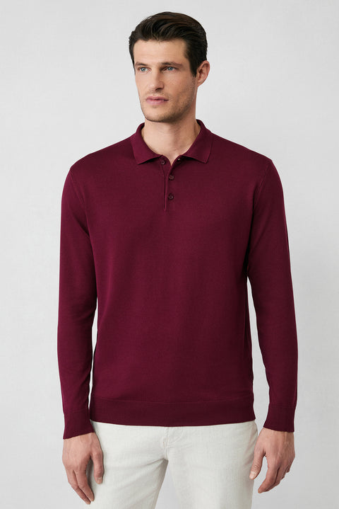 Dark Burgundy Regular Fit Button-Down Polo Collar Knit Sweater