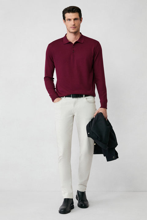 Dark Burgundy Regular Fit Button-Down Polo Collar Knit Sweater