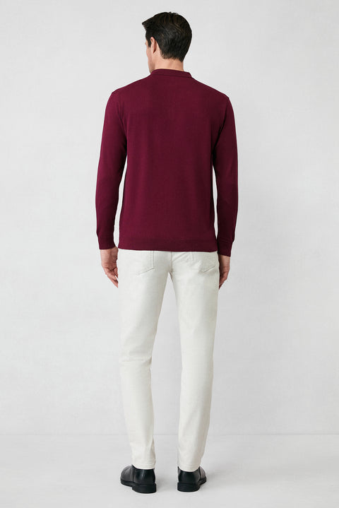 Dark Burgundy Regular Fit Button-Down Polo Collar Knit Sweater