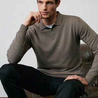Medium Mink Regular Fit Button-Down Polo Collar Knit Sweater