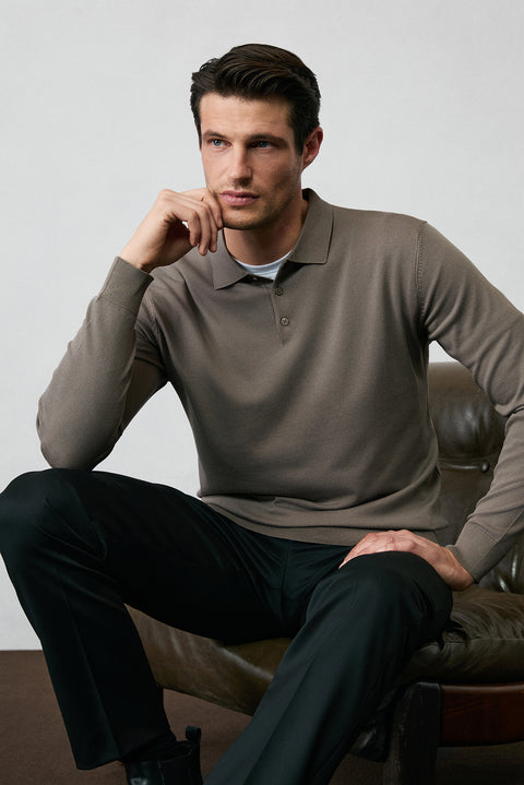 Medium Mink Regular Fit Button-Down Polo Collar Knit Sweater