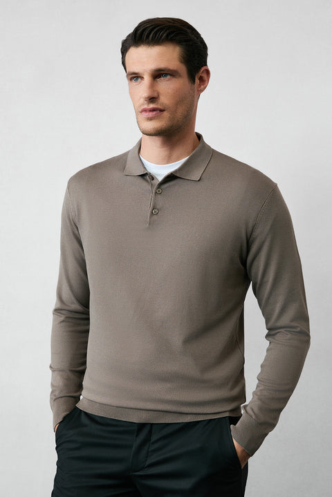 Medium Mink Regular Fit Button-Down Polo Collar Knit Sweater