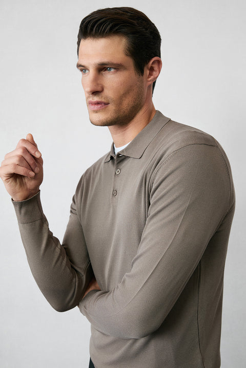 Medium Mink Regular Fit Button-Down Polo Collar Knit Sweater