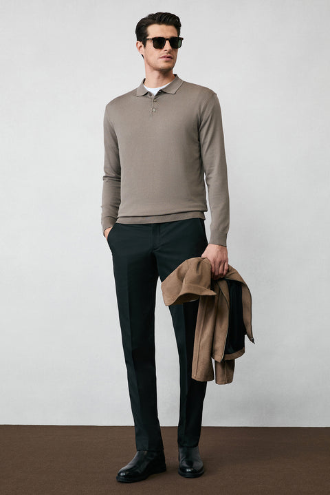 Medium Mink Regular Fit Button-Down Polo Collar Knit Sweater