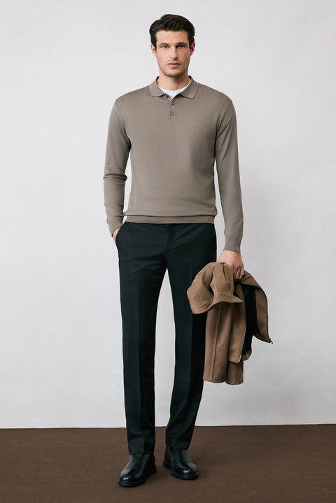 Medium Mink Regular Fit Button-Down Polo Collar Knit Sweater