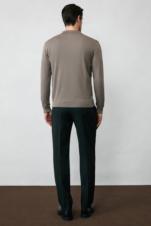 Medium Mink Regular Fit Button-Down Polo Collar Knit Sweater