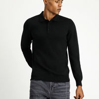 Black Polo Collar Regular Fit Cotton Knit Sweater
