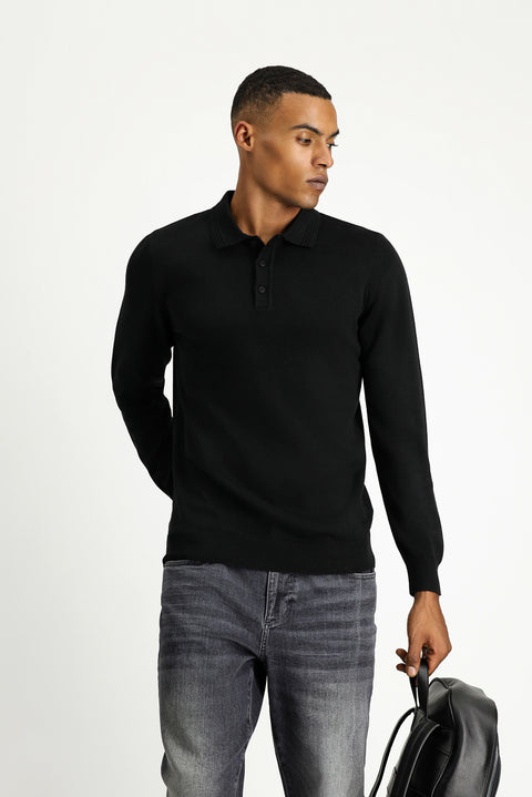 Black Polo Collar Regular Fit Cotton Knit Sweater
