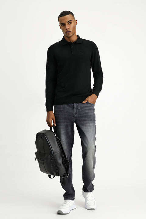 Black Polo Collar Regular Fit Cotton Knit Sweater