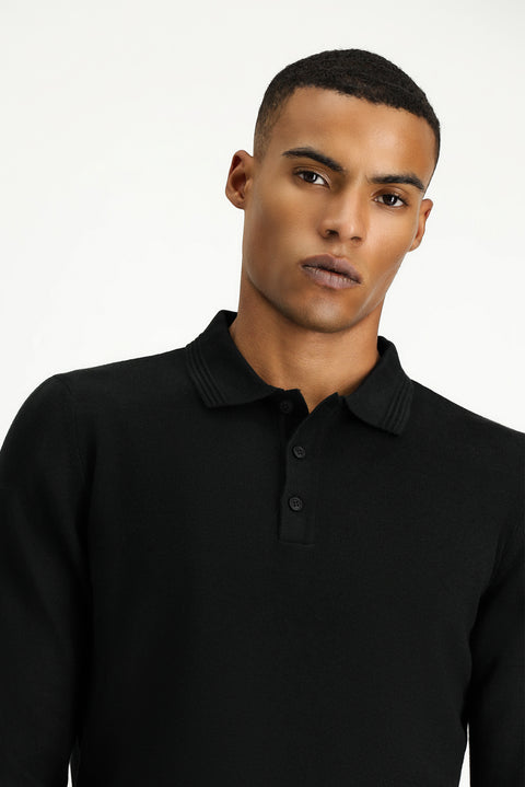 Black Polo Collar Regular Fit Cotton Knit Sweater