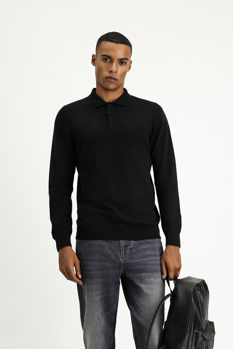Black Polo Collar Regular Fit Cotton Knit Sweater