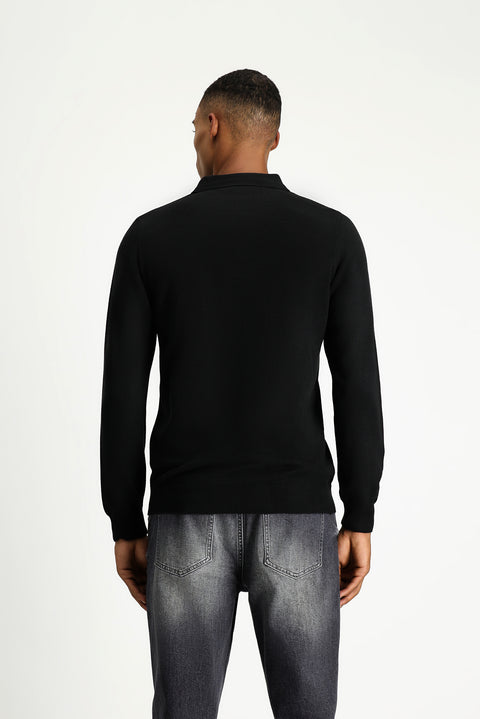 Black Polo Collar Regular Fit Cotton Knit Sweater