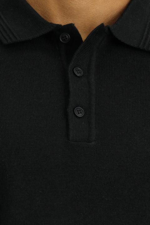 Black Polo Collar Regular Fit Cotton Knit Sweater