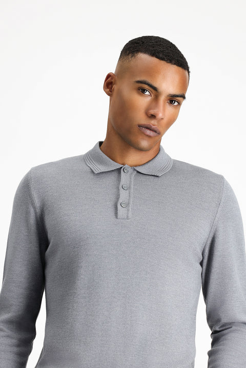 Medium Grey Melange Polo Collar Regular Fit Cotton Knit Sweater