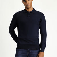 Dark Navy Polo Collar Regular Fit Cotton Knit Sweater