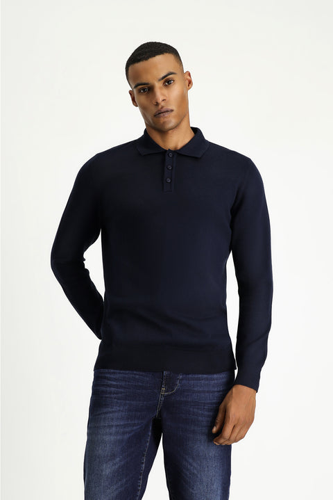 Dark Navy Polo Collar Regular Fit Cotton Knit Sweater