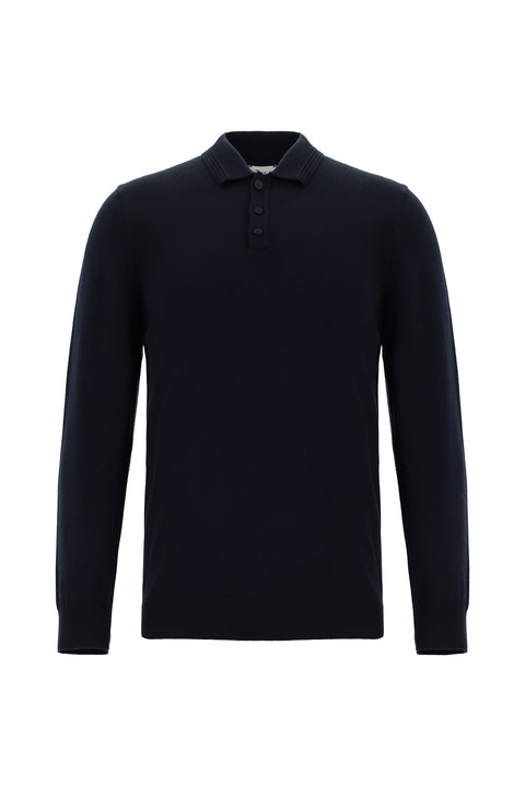 Dark Navy Polo Collar Regular Fit Cotton Knit Sweater