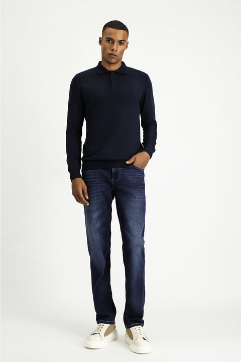Dark Navy Polo Collar Regular Fit Cotton Knit Sweater